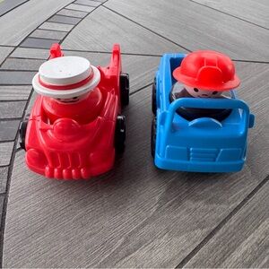 Vintage Fisher-Price Red Toy Truck Blue Mail Truck Chunky Carnival Man & Fireman